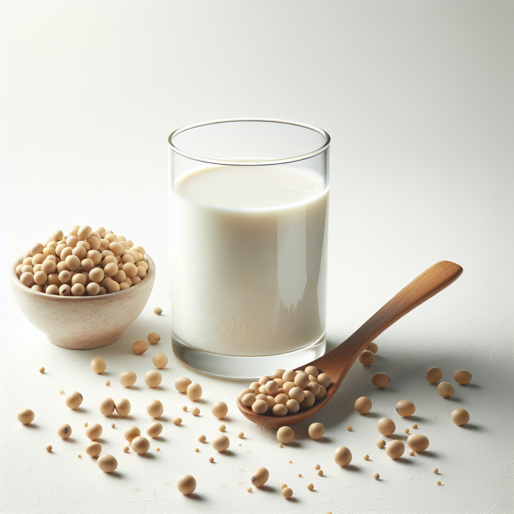 A realistic depiction of a glass of soy milk with soybeans on a white background.