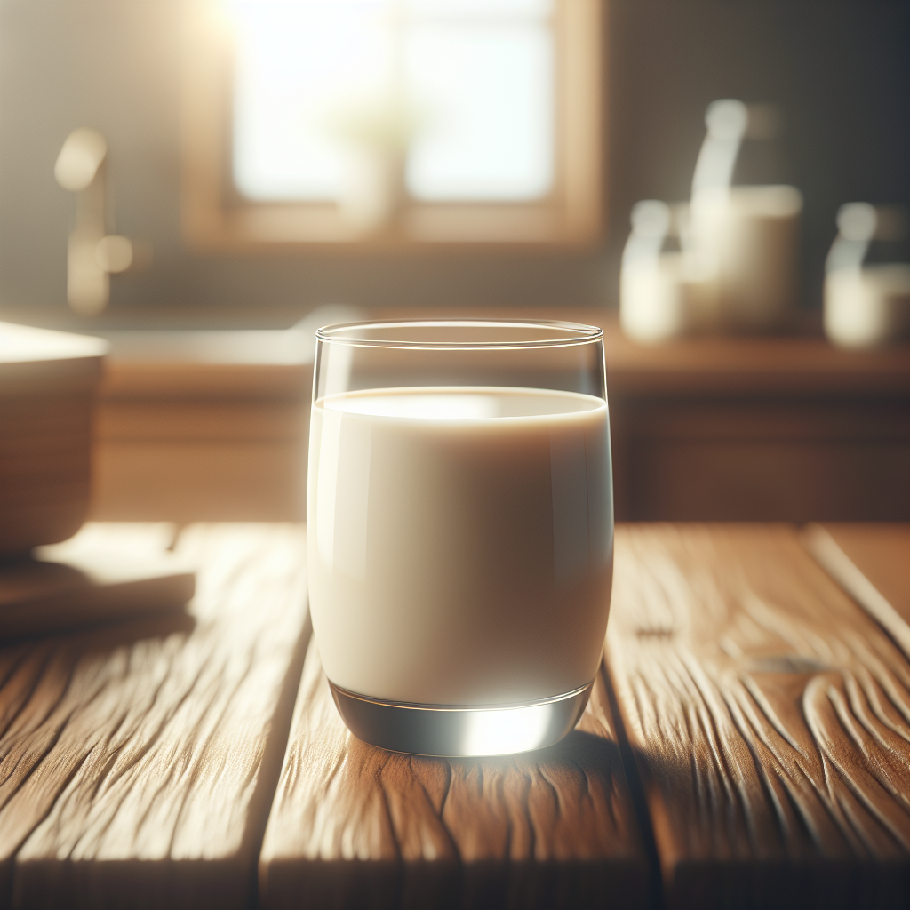 A glass of soy milk on a wooden table in a realistic setting.