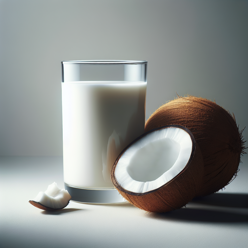 A glass of coconut milk with a half-cut coconut beside it.