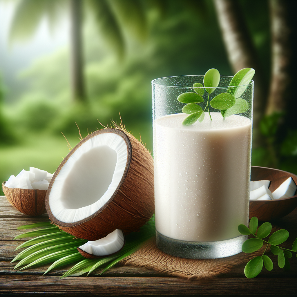 A glass filled with coconut milk in a natural setting, with a cracked coconut and tropical leaves around it.