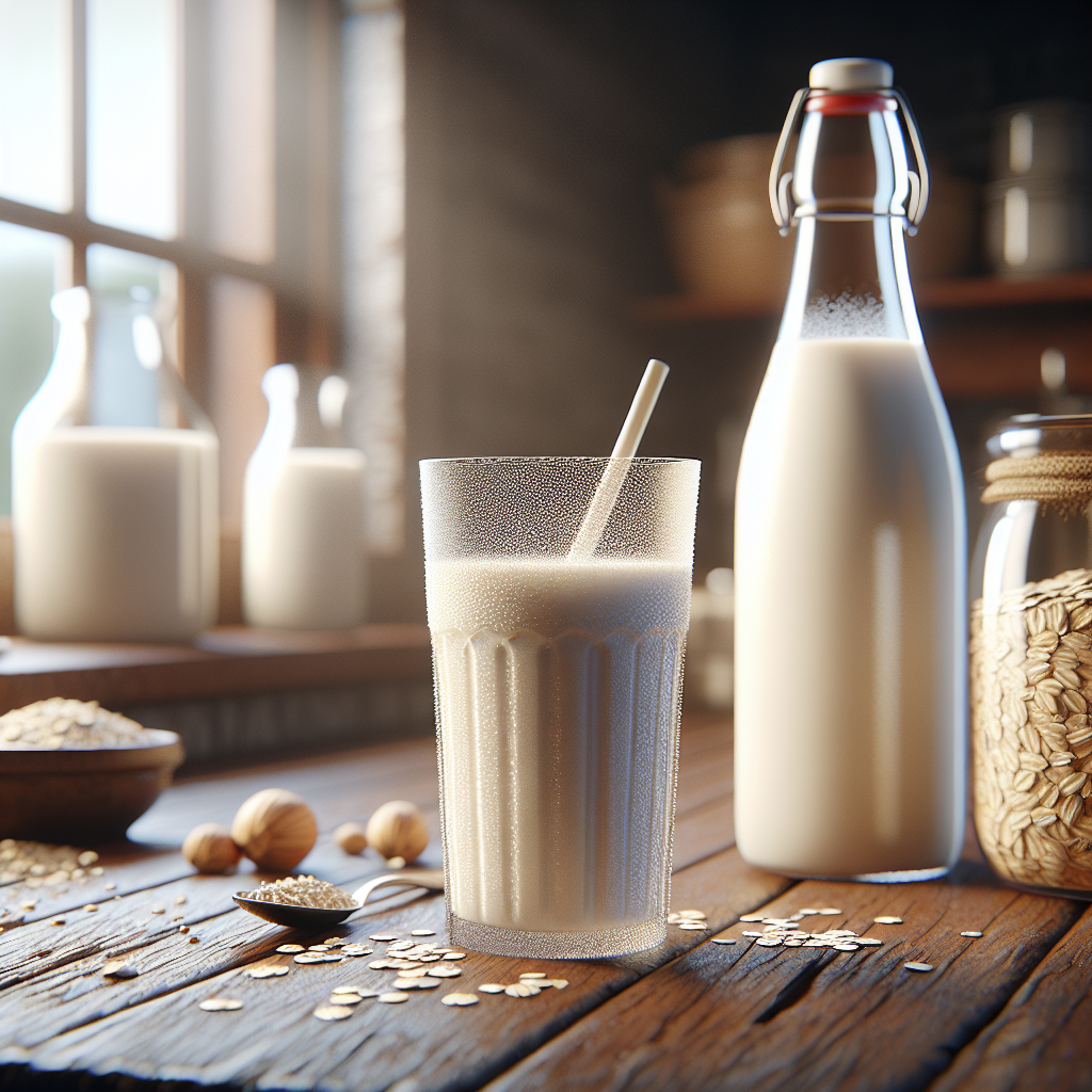 A glass of oat milk on a wooden countertop with a jar of oats and a milk bottle in the background.