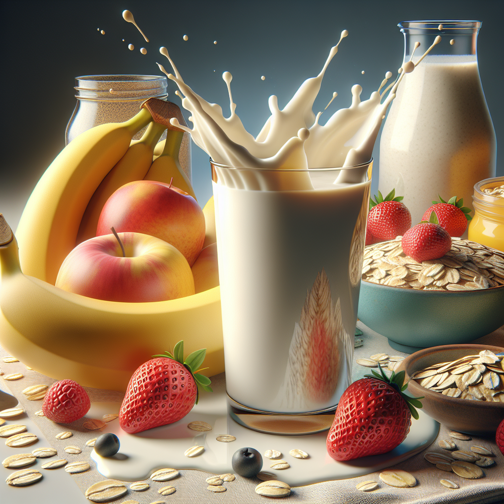 A realistic image highlighting the benefits of oat milk with a glass of oat milk, a bowl of oats, and fresh fruits.