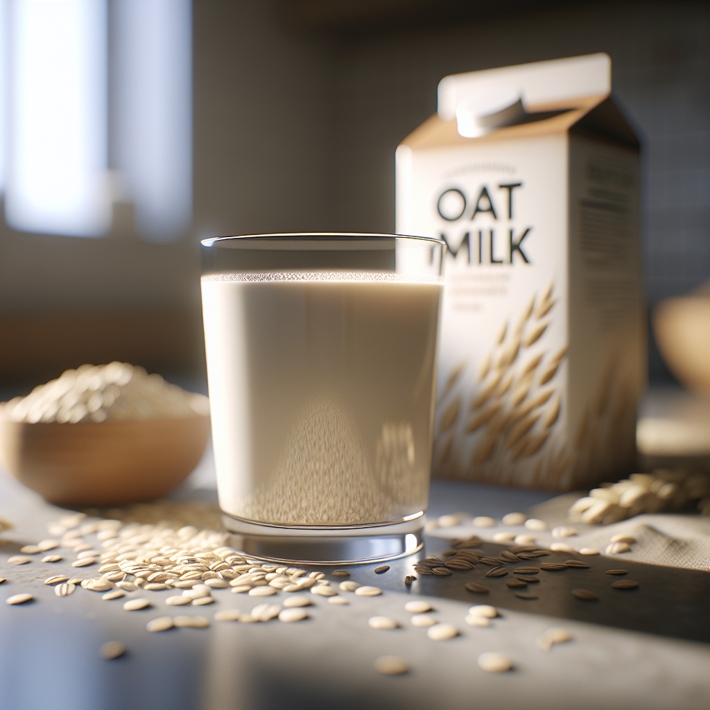 A glass of oat milk on a kitchen counter with scattered oats and an oat milk carton.