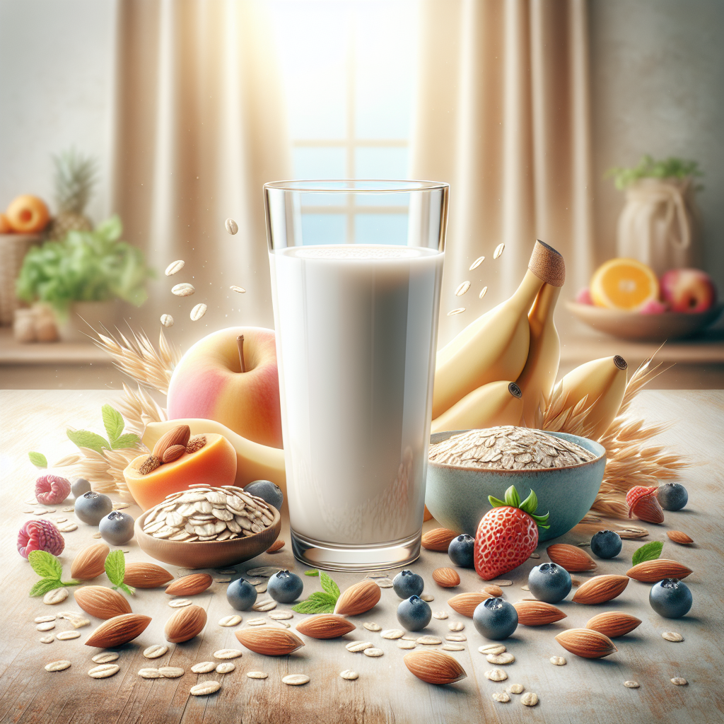 A realistic image of a glass of oat milk surrounded by oats and various healthy ingredients in a kitchen setting.