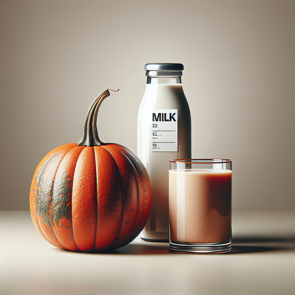 Realistic milk container, whole pumpkin, and glass of pumpkin milk.