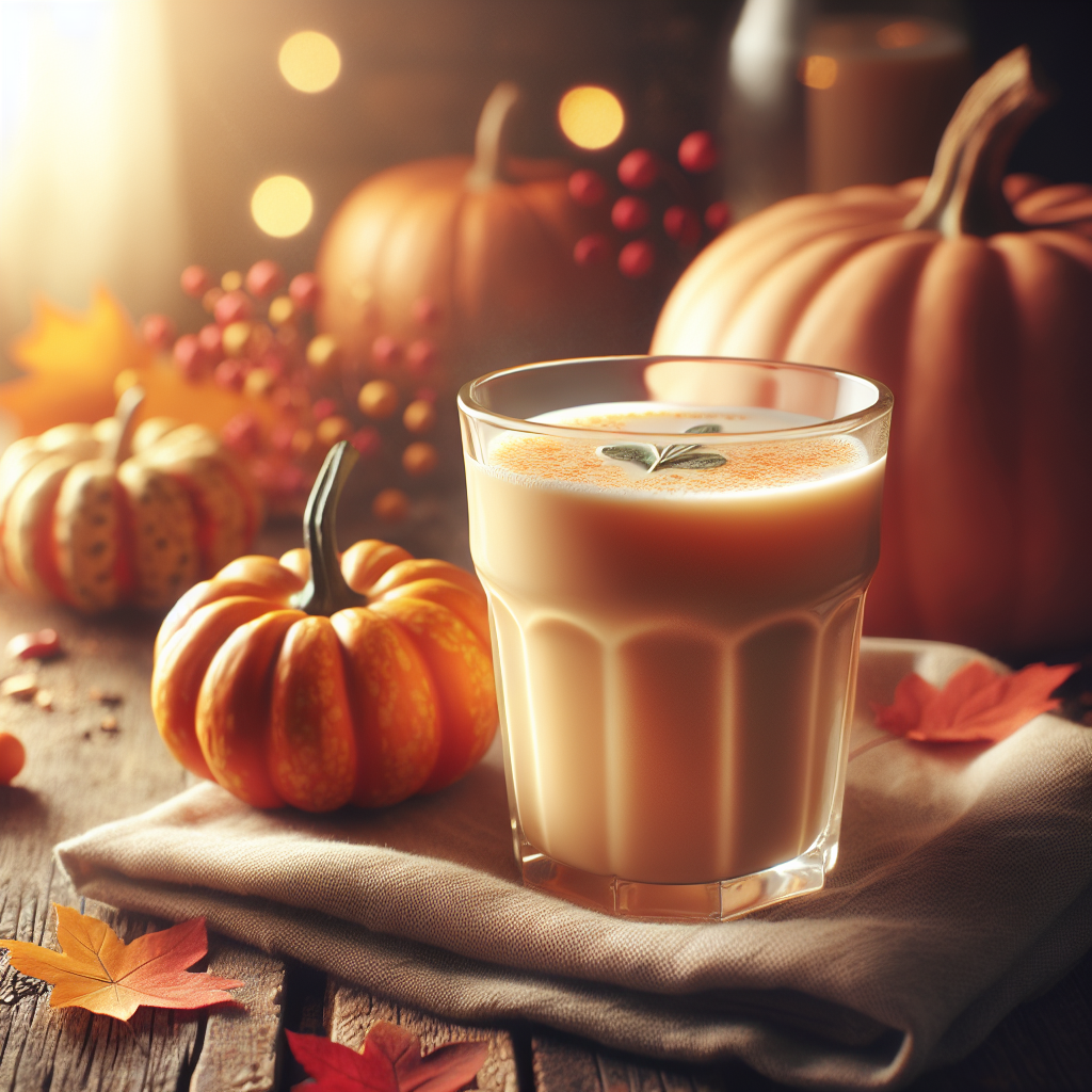 A glass of pumpkin milk on a wooden table with a small pumpkin and autumn leaves around it.