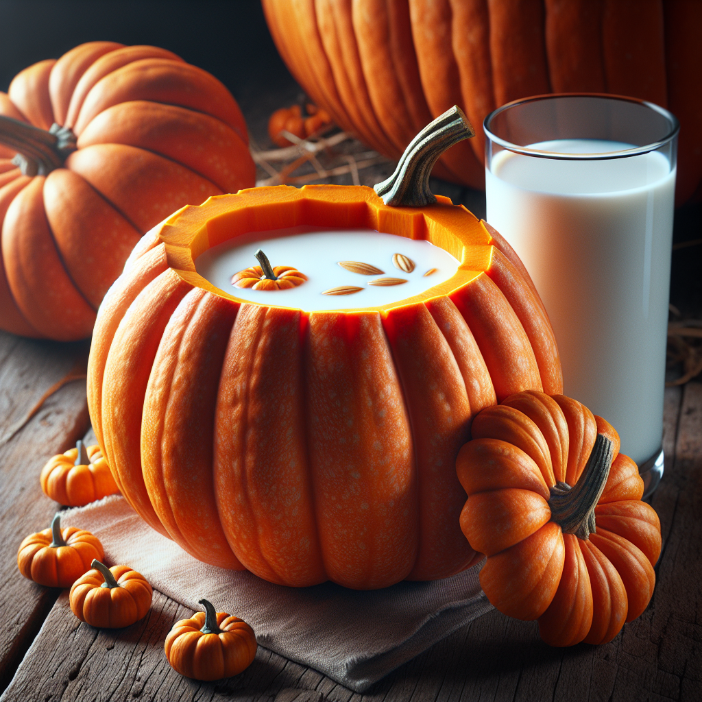 A carved pumpkin serving as a bowl for milk on a rustic wooden table with natural lighting.