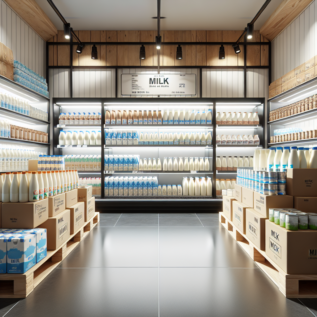 A realistic image of a milk depot with various milk products on shelves.