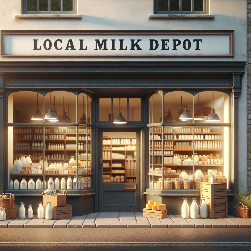 A realistic depiction of a local milk depot with storefront displaying various dairy products.