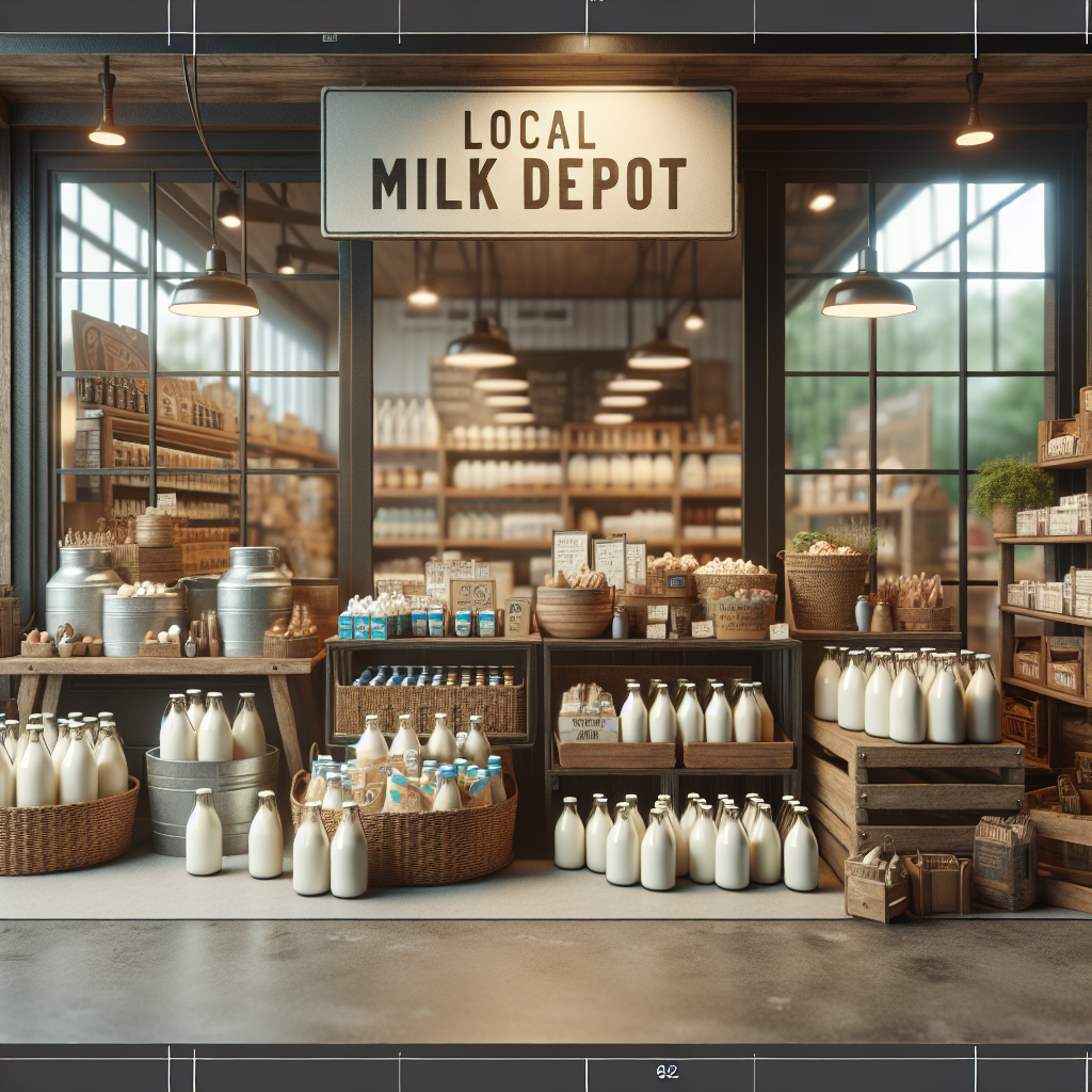 A realistic depiction of a local milk depot with a display of milk bottles and a welcoming exterior with a sign.