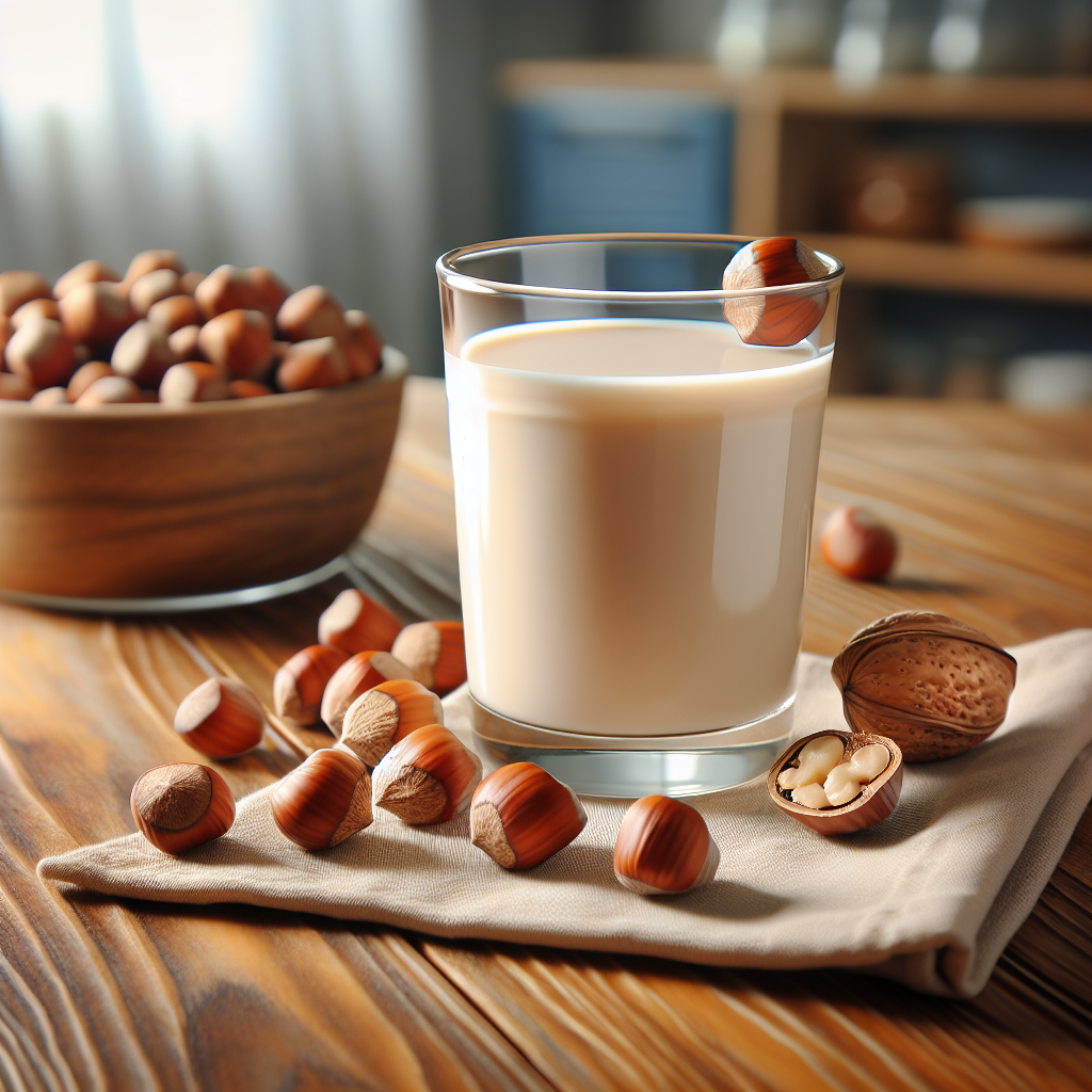 A glass of creamy hazelnut milk on a wooden table surrounded by whole hazelnuts and shells.