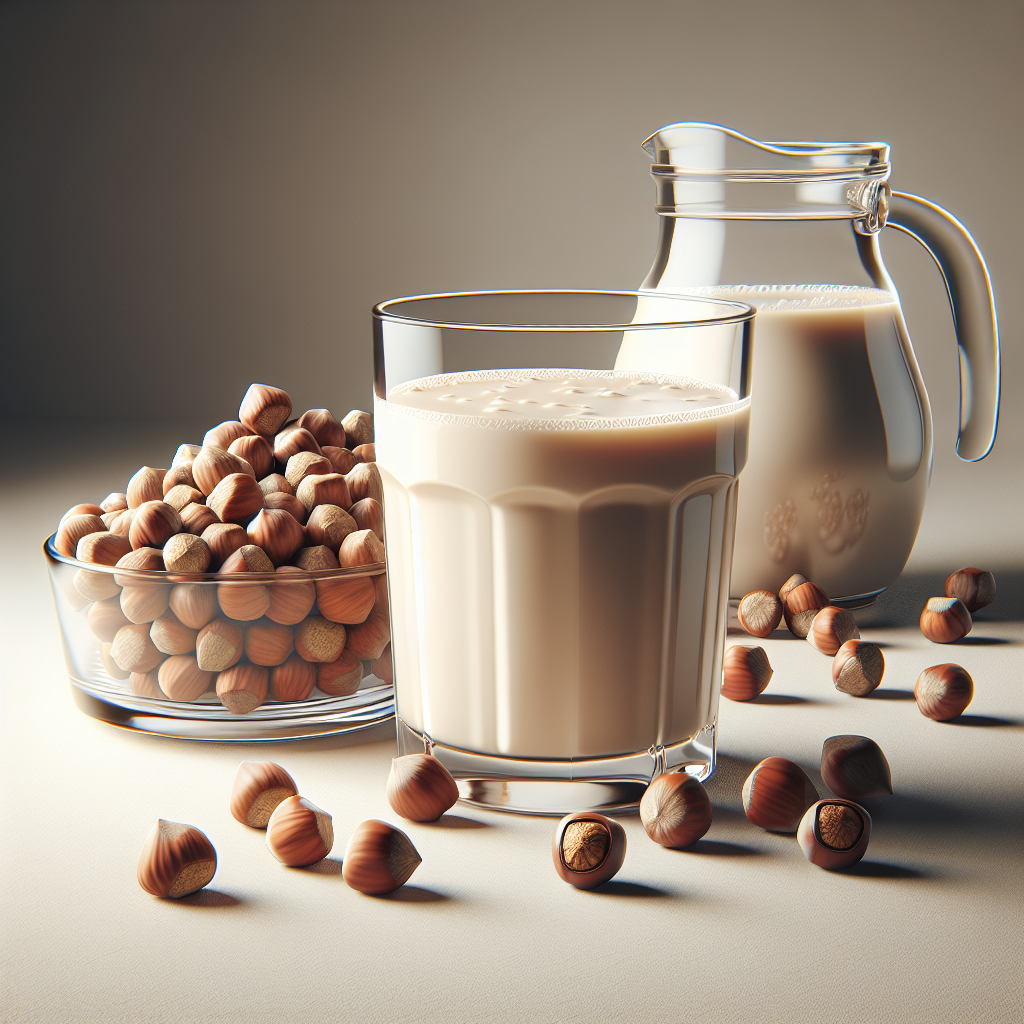 A realistic depiction of a glass of hazelnut milk, with hazelnuts and a milk jug beside it.