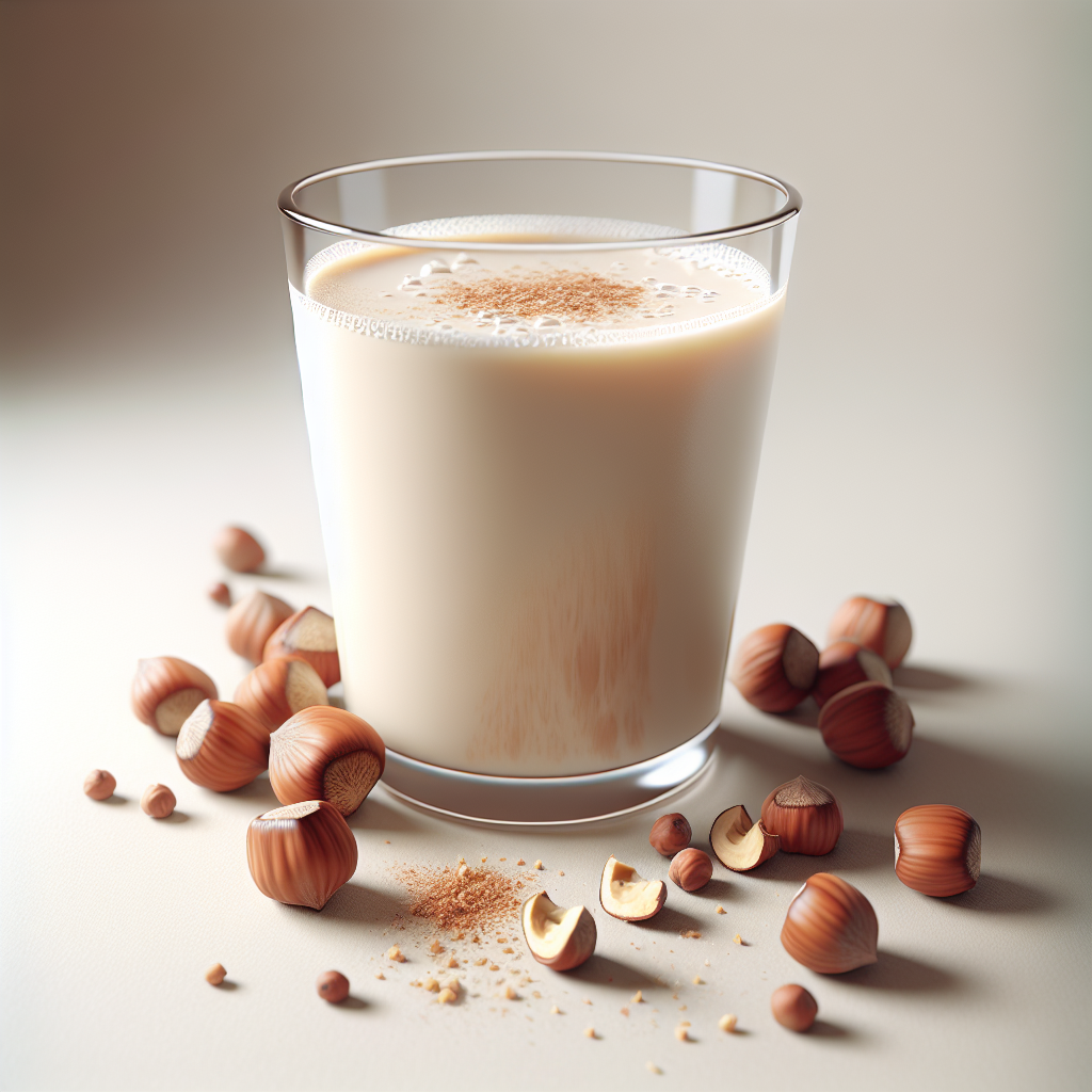 A glass of hazelnut milk with hazelnuts and nutmeg on the side.