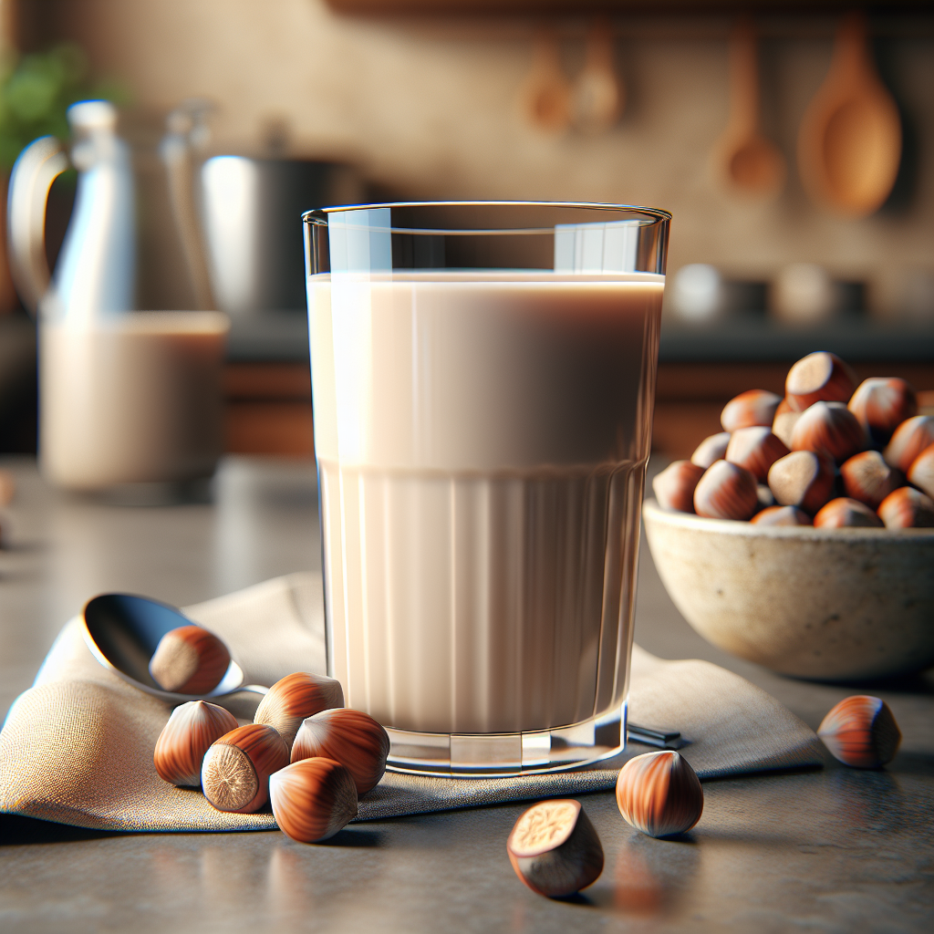 A realistic image of a glass of hazelnut milk on a kitchen counter with whole hazelnuts.