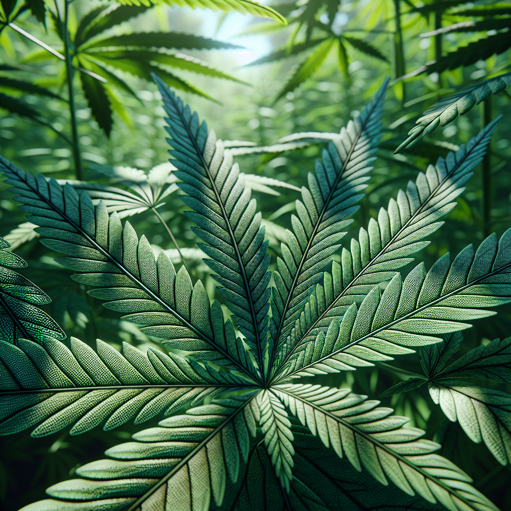 A realistic close-up view of hemp leaves with detailed textures and natural green hues.