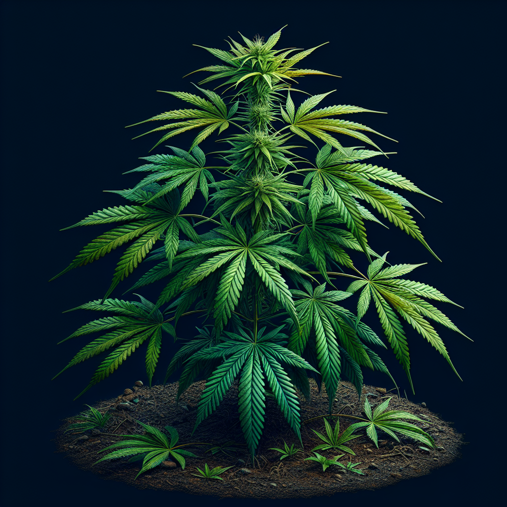 A realistic depiction of a lush hemp plant with detailed textures and vibrant green leaves.