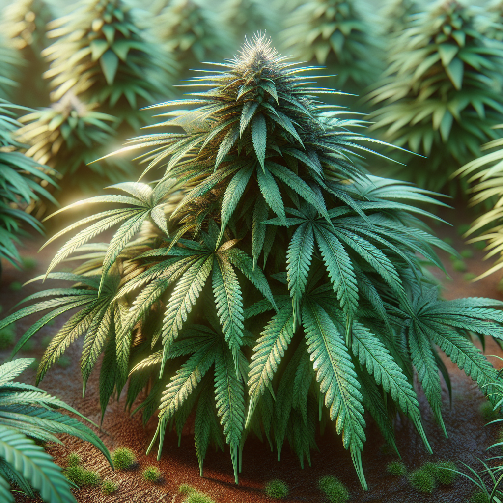 A realistic depiction of a green hemp plant in a garden setting.