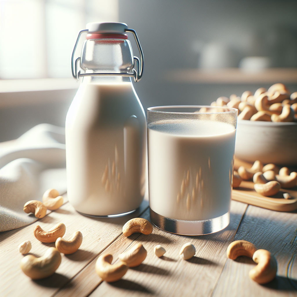 A bottle and glass of cashew milk with cashew nuts on a kitchen counter.