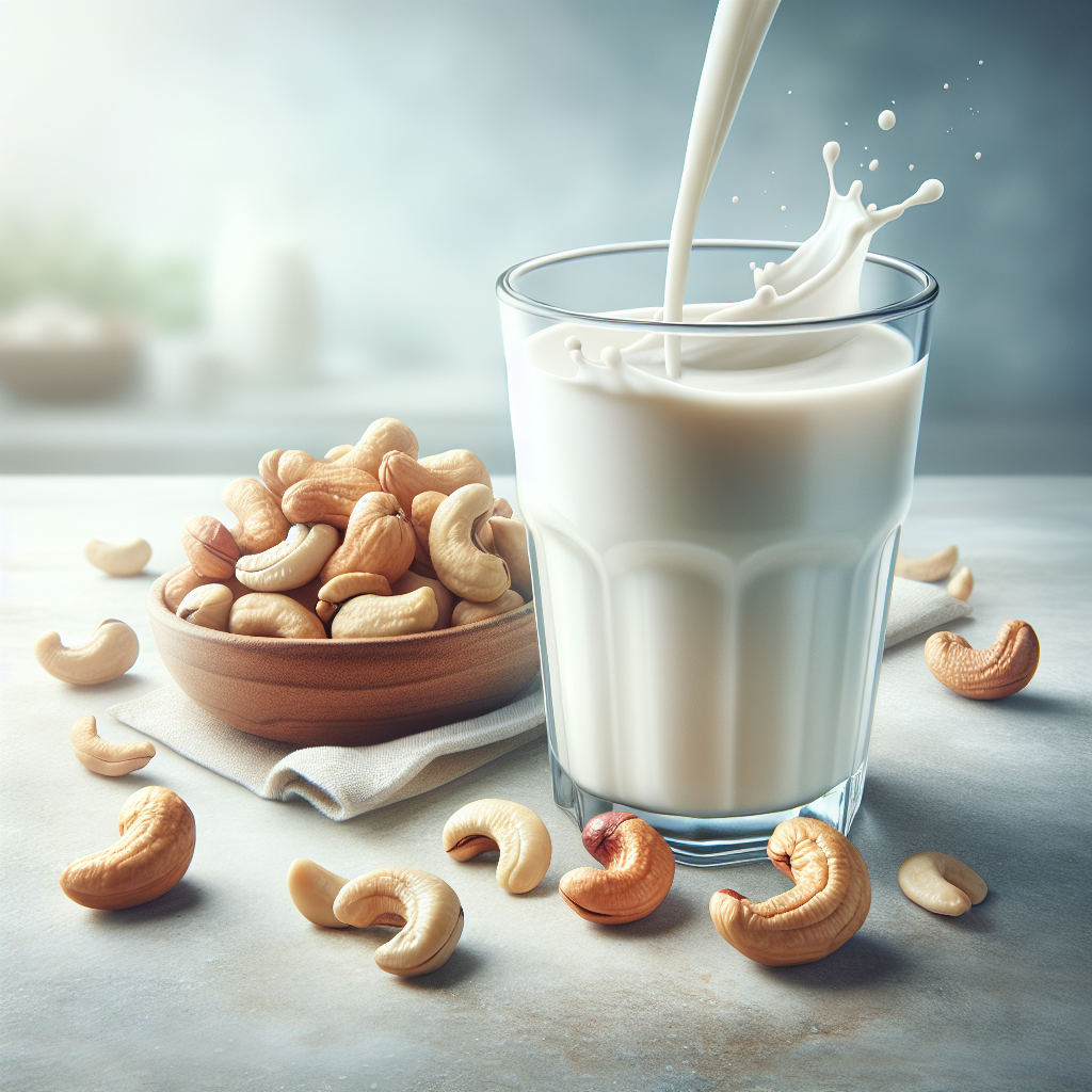 A realistic image of a glass of cashew milk and raw cashews.