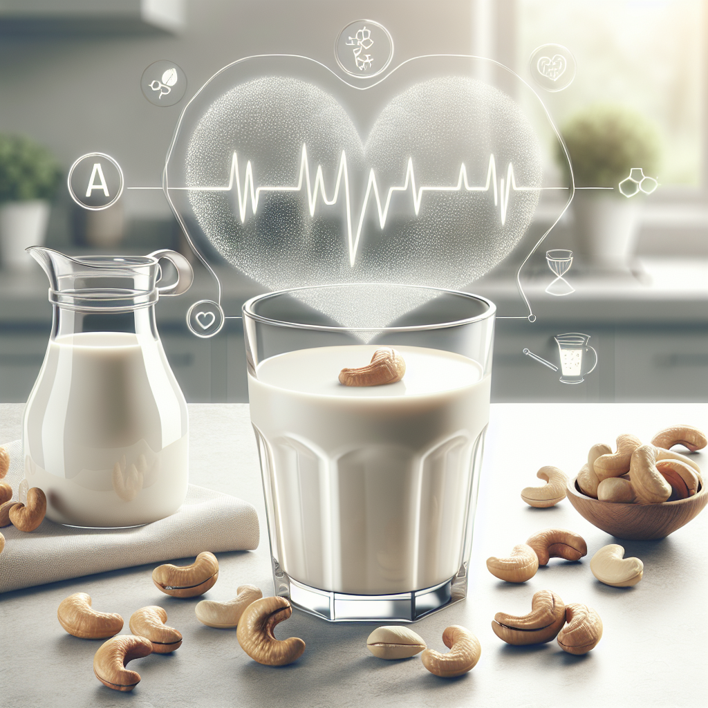 A glass of cashew milk surrounded by cashews and health benefit icons in a modern kitchen.