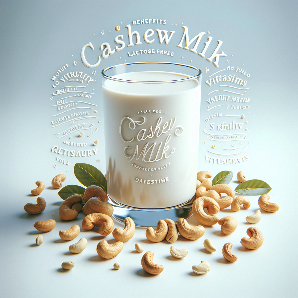 A glass of cashew milk surrounded by cashews, highlighting its benefits like lactose-free and vitamin-rich.