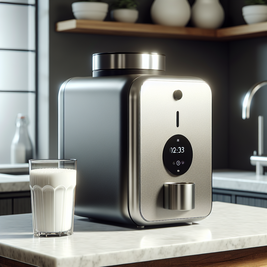 A modern, clean kitchen with a realistic milk maker and a glass of milk on the countertop.