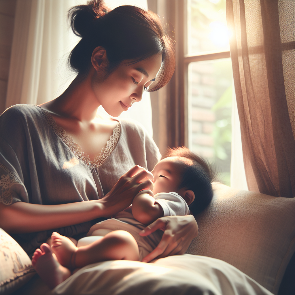 A mother breastfeeding her baby in a peaceful home environment.