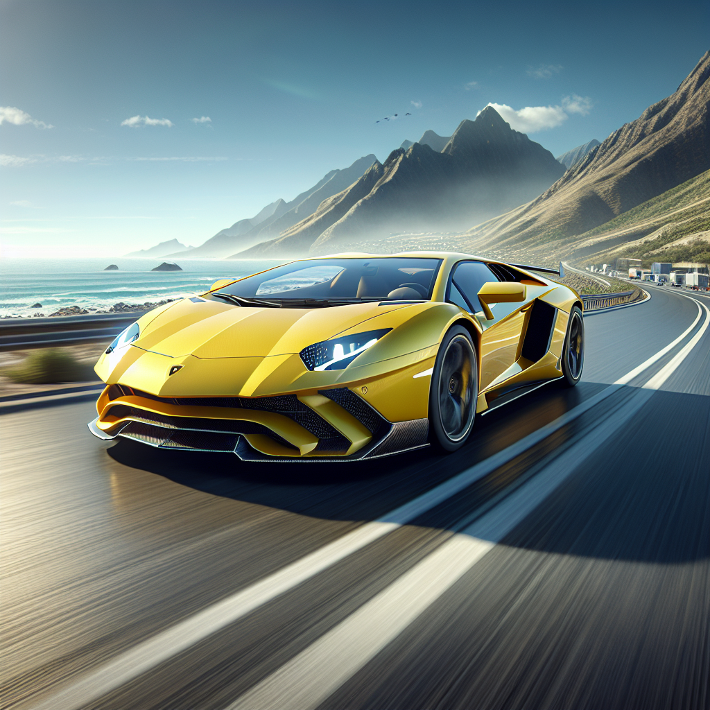 Realistic image of a yellow Lamborghini Aventador SVJ driving on a coastal highway.