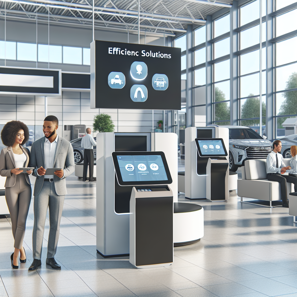 A modern, efficient car dealership showcasing digital kiosks, streamlined service areas, and happy customers.