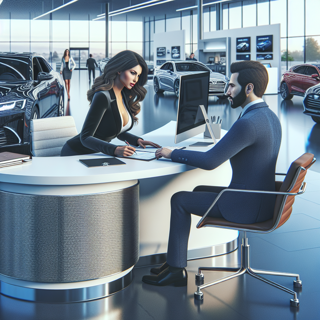 A realistic depiction of a modern automotive dealership office with a sales representative and a customer.