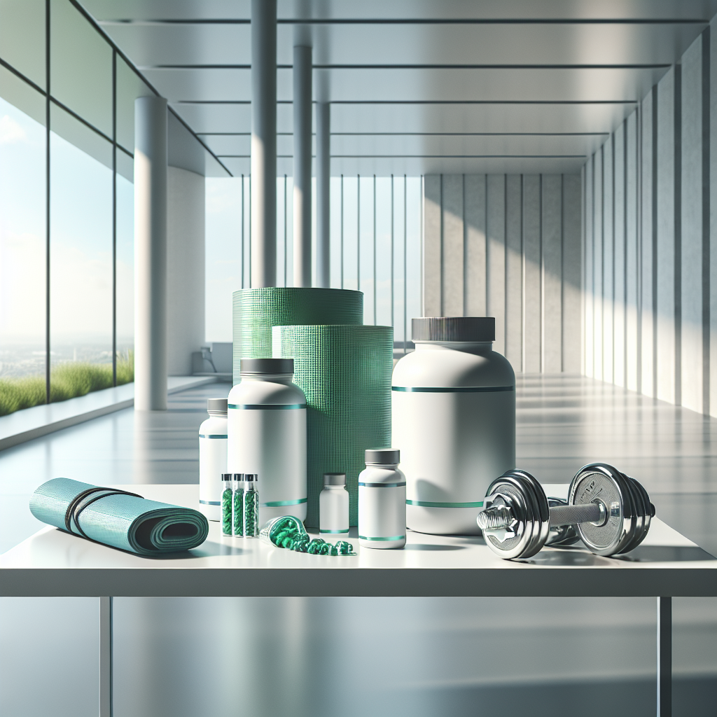 An array of wellness products on a modern white table set in a bright, open space, suggesting quality and affordability.