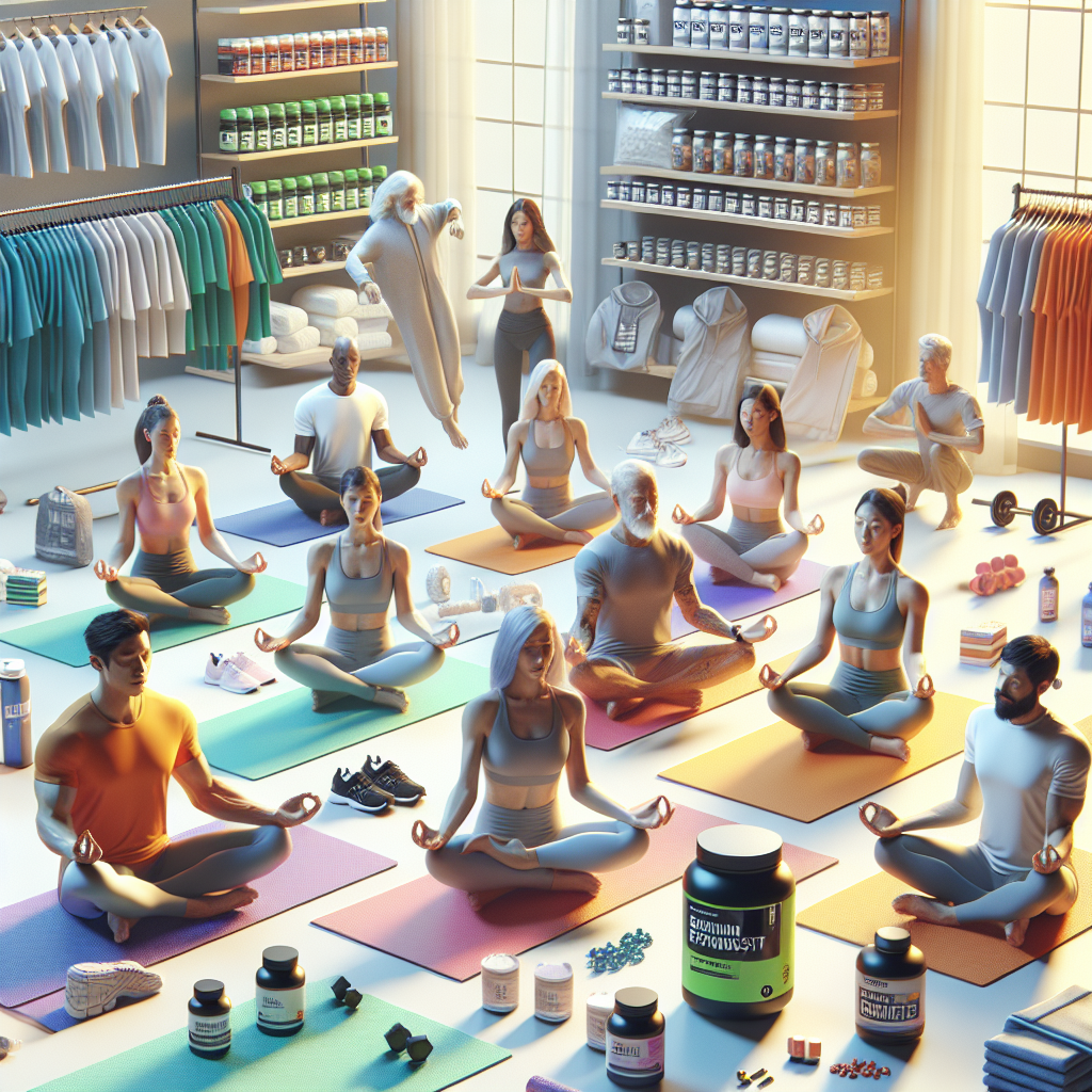 Realistic image of people practicing wellness activities surrounded by affordable Kenko Wellness health products.