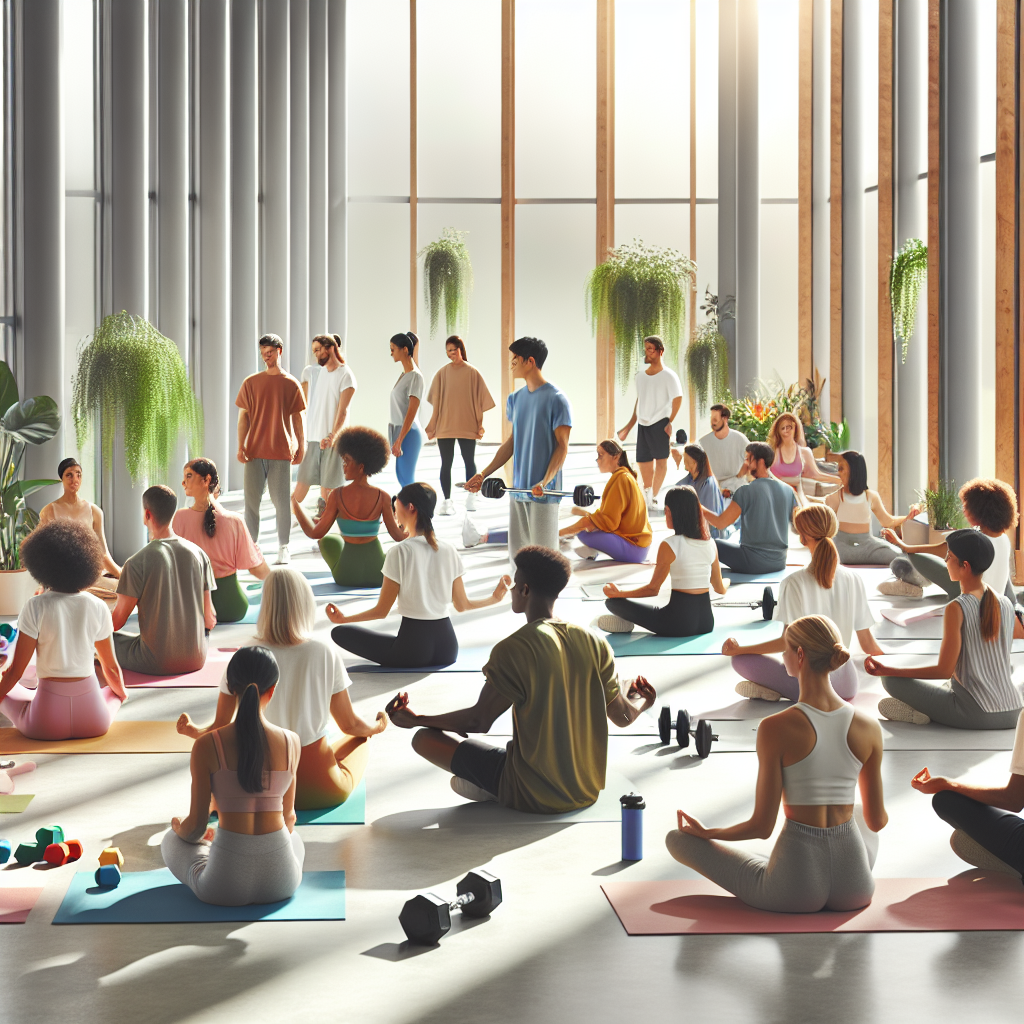 Diverse people participating in a wellness class at Kenko Wellness, engaged in exercise and meditation in a bright, modern space with natural lighting and greenery.