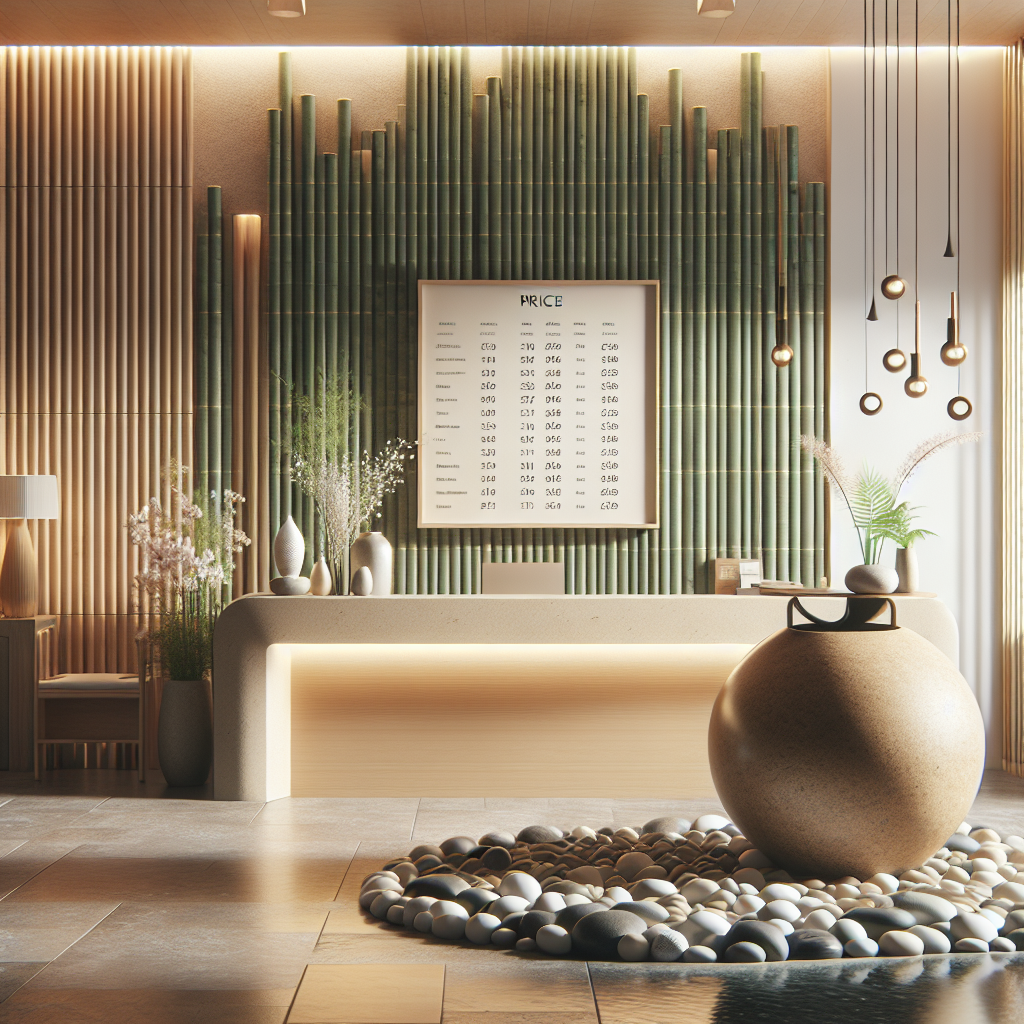 Serene wellness spa reception with a modern minimalist design featuring a wooden desk, bamboo accents, ambient lighting, and a water feature.