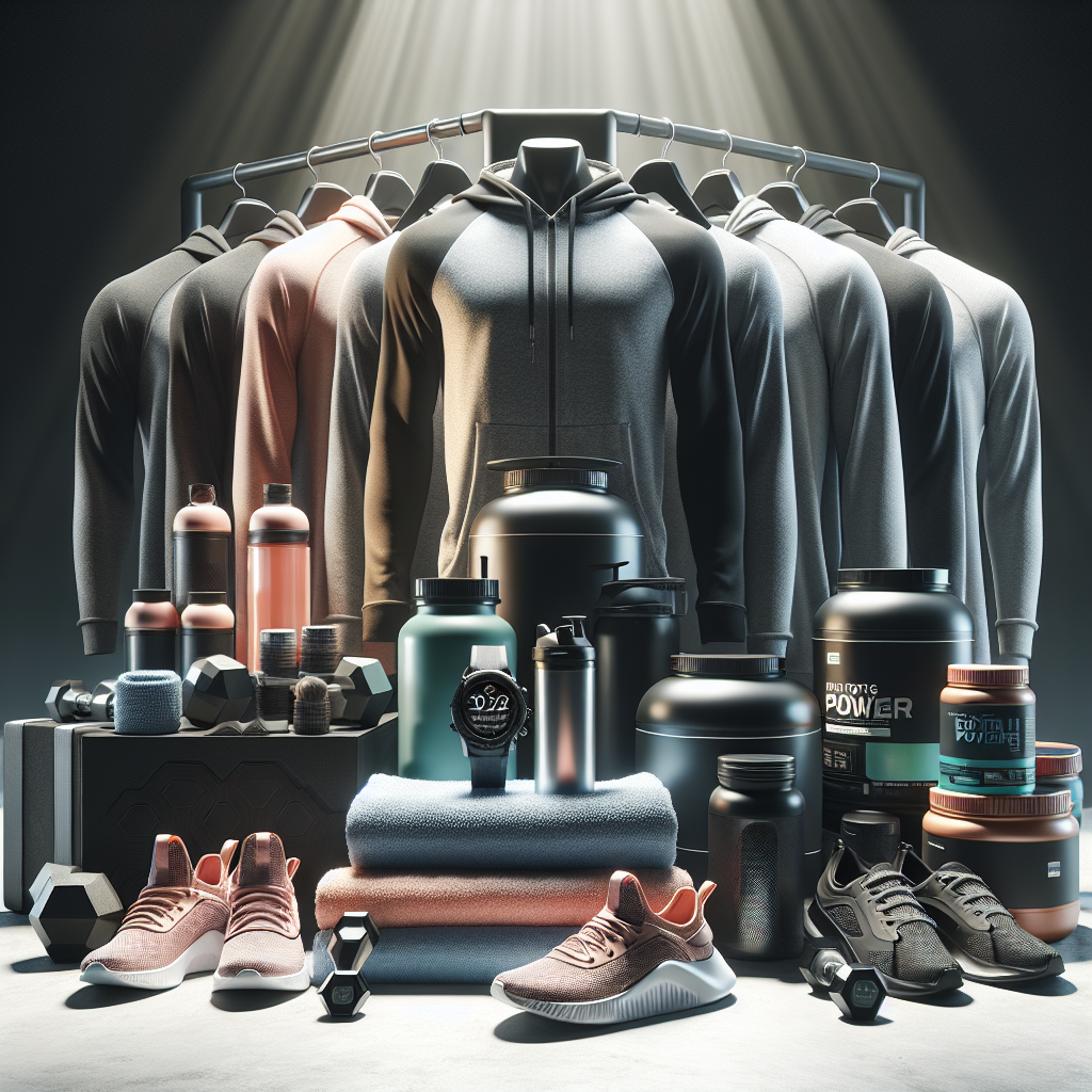 A collection of J10 Fitness First sports apparel, high-performance gear, and premium sports supplements arranged to showcase quality and variety.