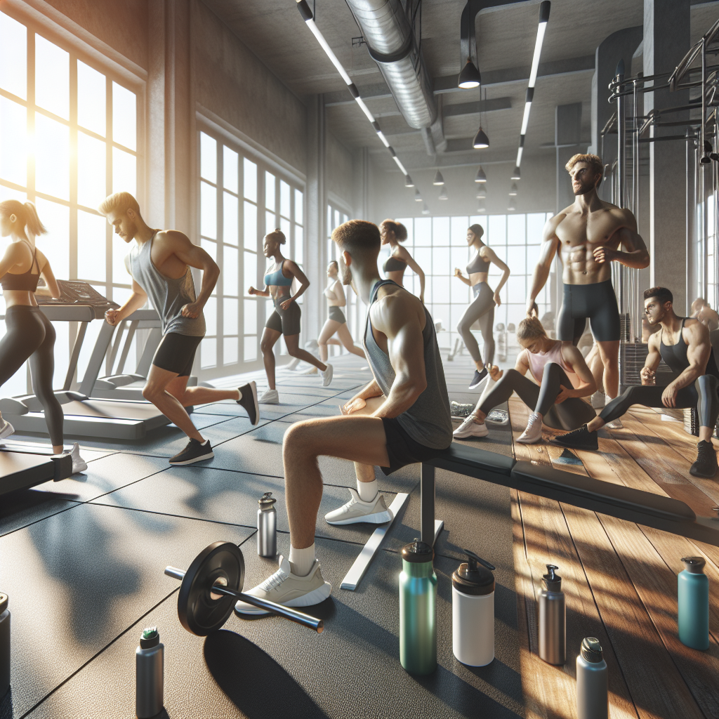 A realistic gym scene with people using J10 Fitness First workout gear and sports apparel during a morning session.