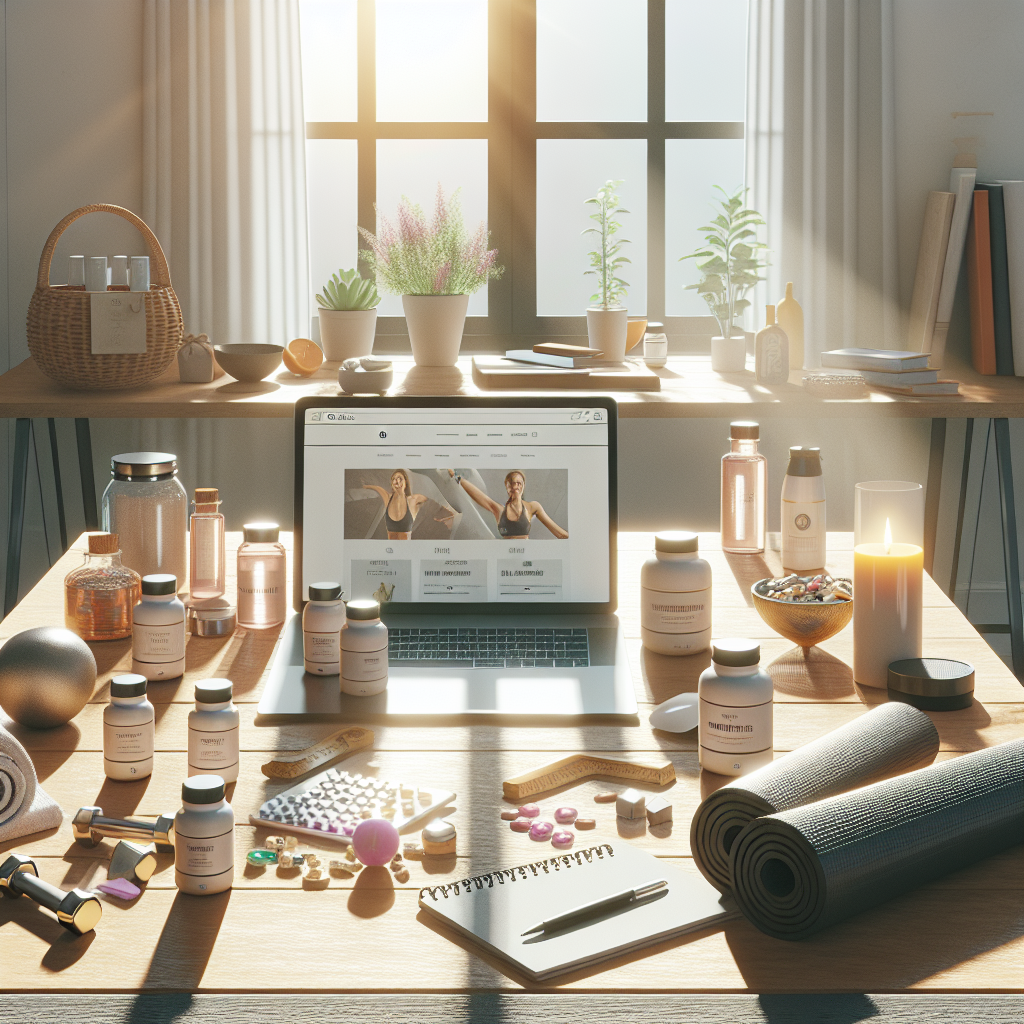 A bright home office setup with a desk featuring a laptop and various health and wellness products.