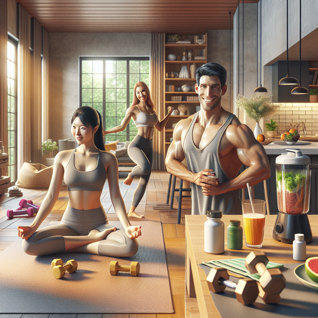 A composite image of diverse people engaged in wellness activities at home, surrounded by fitness and health products, with a view of nature outside.