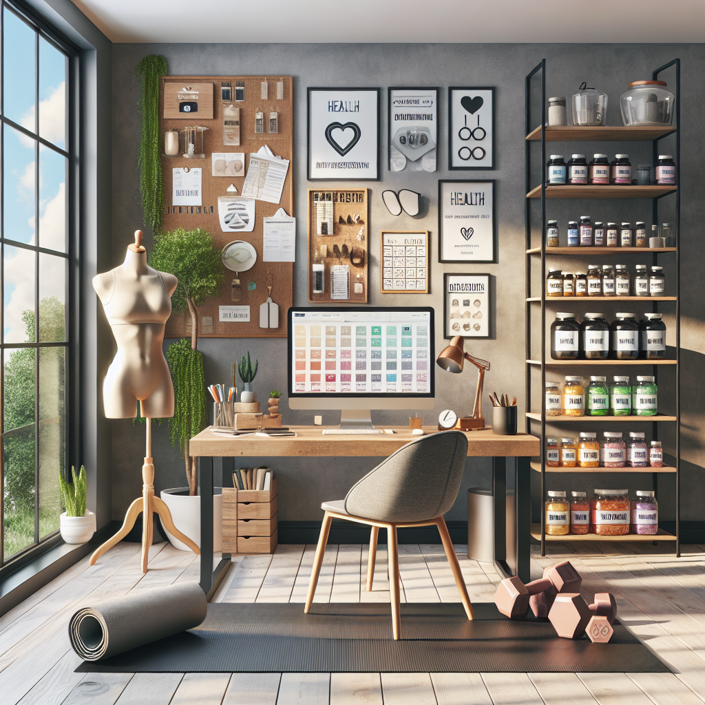 Modern home office space with a computer, yoga area, supplements shelf, and mannequin dressed in sports apparel, symbolizing a health and wellness business from home.