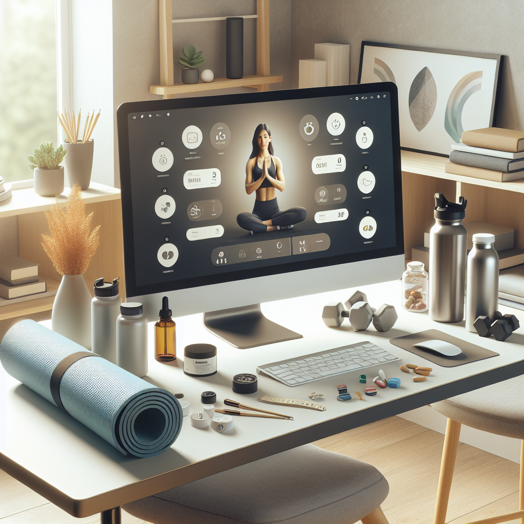 A home office setup with a modern computer, fitness gear, and health and wellness products, representing a business run from home.