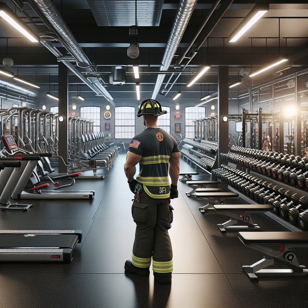 Modern gym inside a fire station with fitness equipment and a firefighter in gear, promoting physical readiness.