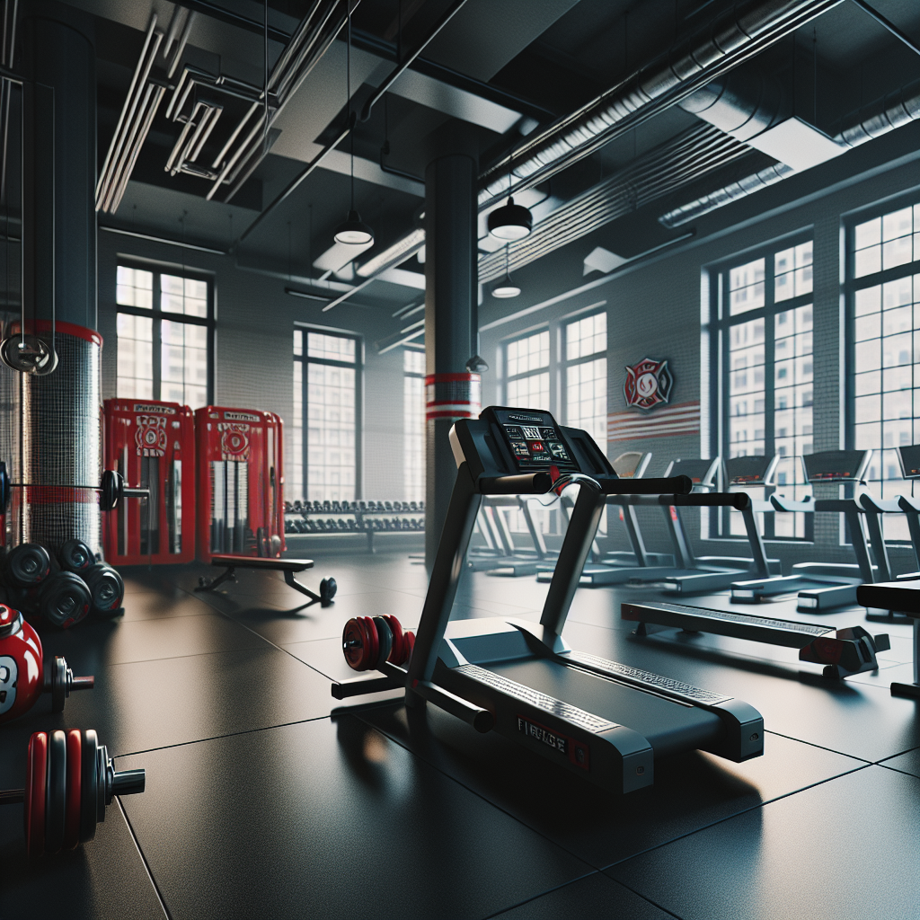 Modern fitness equipment in a spacious gym, including a treadmill, barbells, and a rowing machine, with red accents and dynamic lighting, without any text or people.