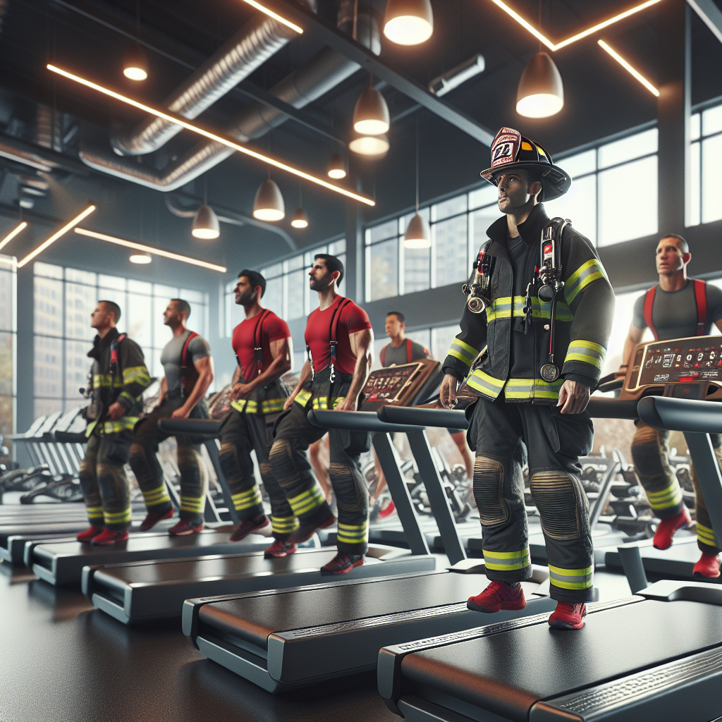 Firefighters in full gear working out together in a modern gym with state-of-the-art fitness equipment.