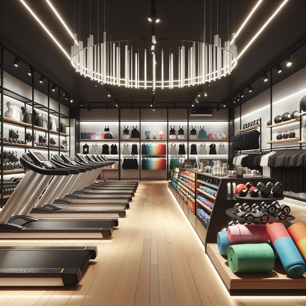 Interior view of a modern fitness equipment store with various workout machines, gear, and sports apparel neatly displayed.