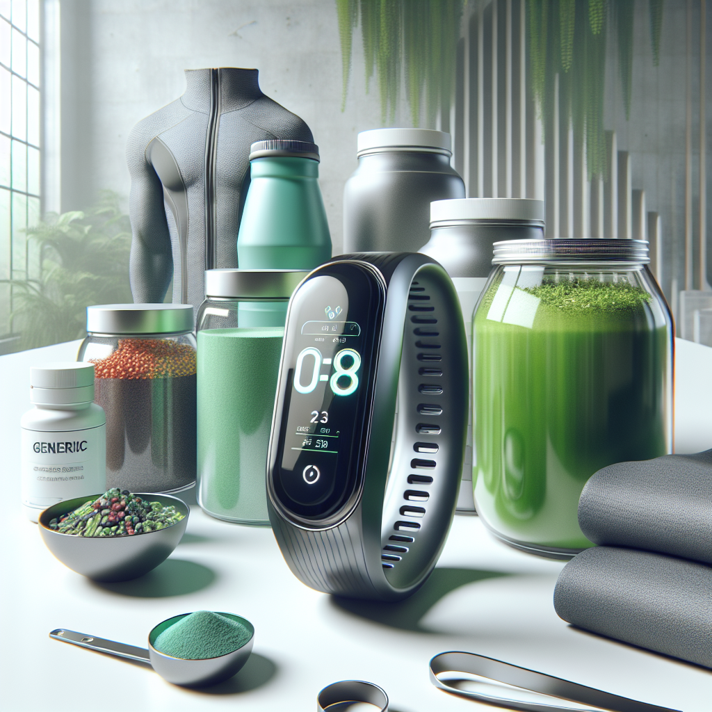 Assorted health and wellness products representing 2023 trends, including a fitness tracker, organic superfood powder, smart fabric t-shirt, and sports supplements, displayed on a white surface.