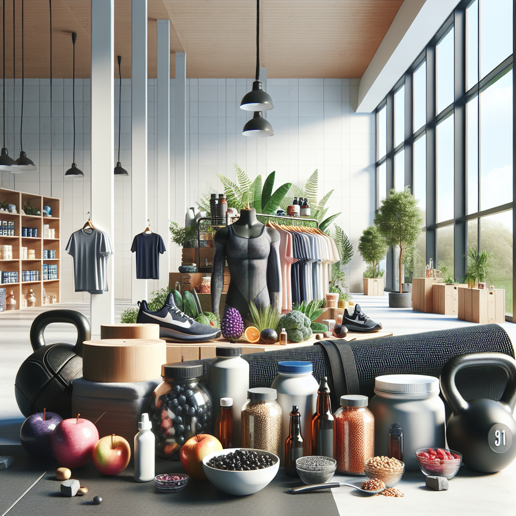 Assortment of 2023 health and wellness products including fitness gear, sports apparel, supplements, and superfoods in a well-lit, modern fitness studio.