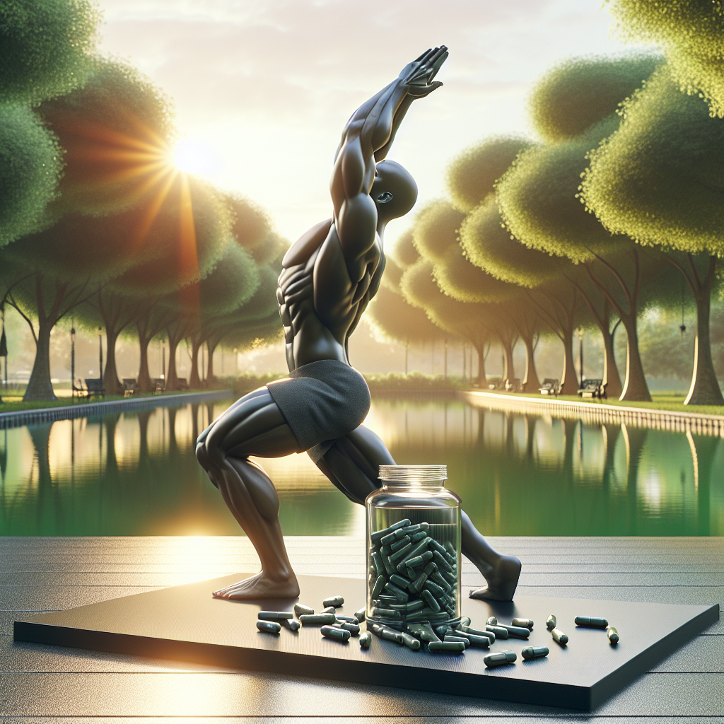 A realistic image of a fit person in a dynamic yoga pose in a park, with V-RIN supplements visible in the foreground.