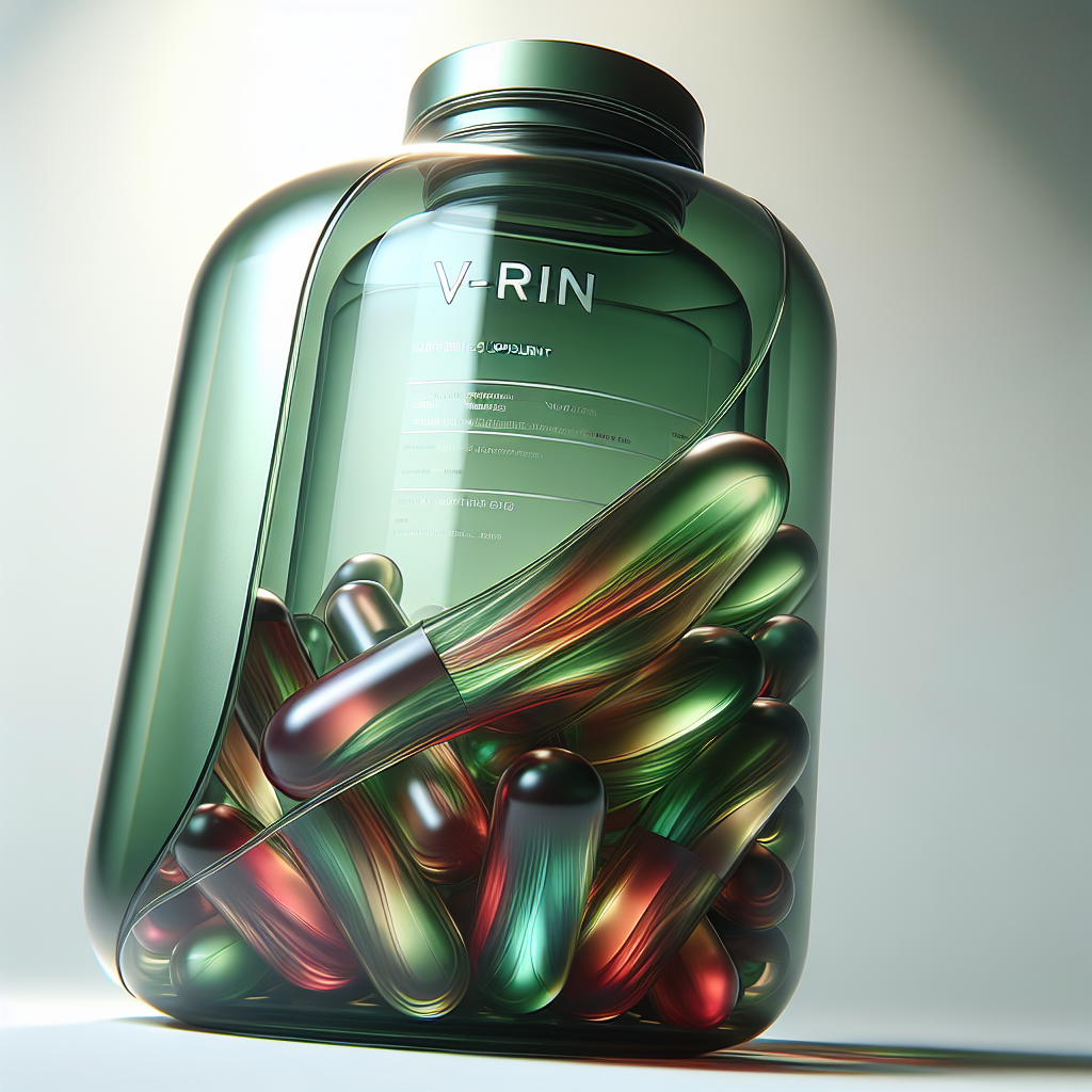 Realistic image of a sleek, futuristic supplement bottle with V-RIN label, filled with colorful capsules, set against a white background with a soft shadow and radiant glow.