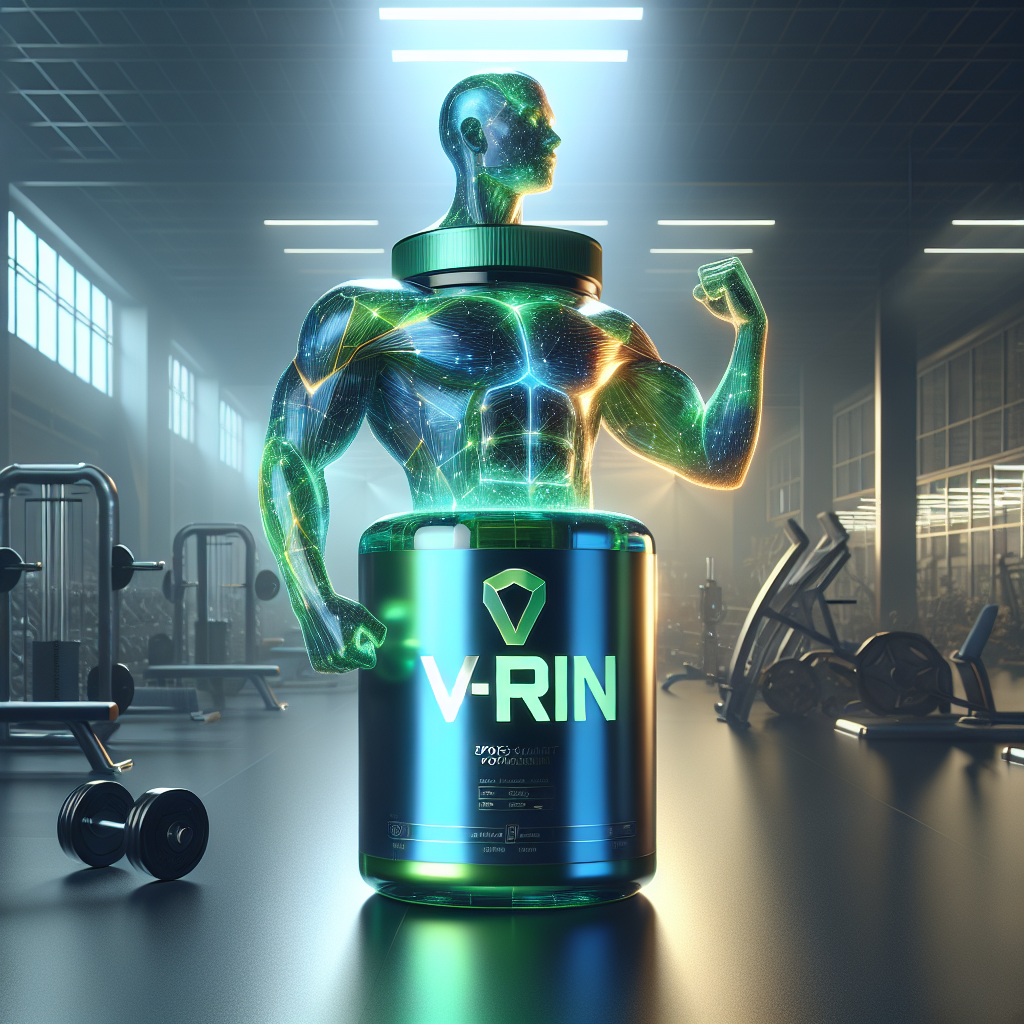 Futuristic sports supplement bottle labeled 'V-RIN' with a muscular human silhouette in a gym setting, conveying vitality and energy.