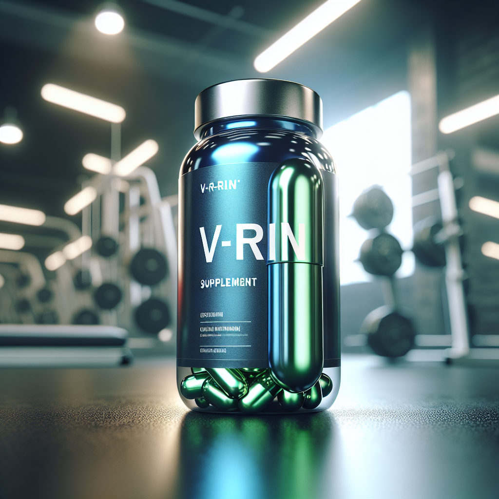 A realistic metallic capsule-shaped bottle of V-RIN supplement with 'V-RIN' on the label, surrounded by blurred fitness equipment in the background.